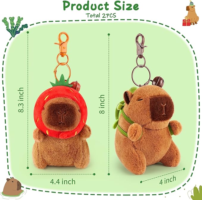 Achwishap 2PCS Capybara Plush Keychain,Cute Keychain Capybara Stuffed Animal,Soft Capybara Plush Toys Key Chain,Kawaii Plushie Stuffed Toys for Kids Adults Birthday(Turtle,Strawberry Hat)