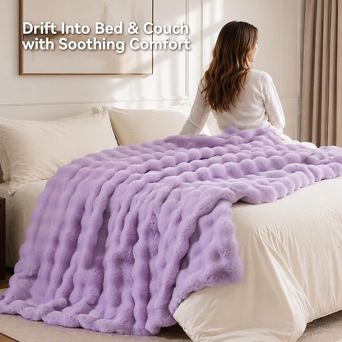 Faux Fur Throw for Couch - Light Purple Bubble Blanket 60"x80" | Fluffy Plush Fuzzy Throw for Sofa & Bed, Super Soft Cozy Comfrt Blanket, Luxury Aesthetic Purple Decor Gift for Women