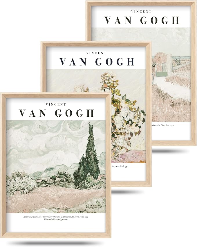 HesenDot Van Gogh Framed Wall Art, Neutral Canvas Prints Set of 3 | 12x16IN High Framed Design Prints, Floral Landscape Artwork, Vintage Wall Decor for Living Room Bedroom Gallery Office