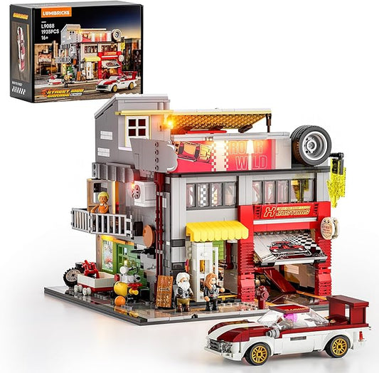 Street MOD Garage Lighting Building Bricks Set - Street Fusion City Car Modification Shop Modular Building Collection Kit 1935 Pcs for Adults & Teen & Car Lovers