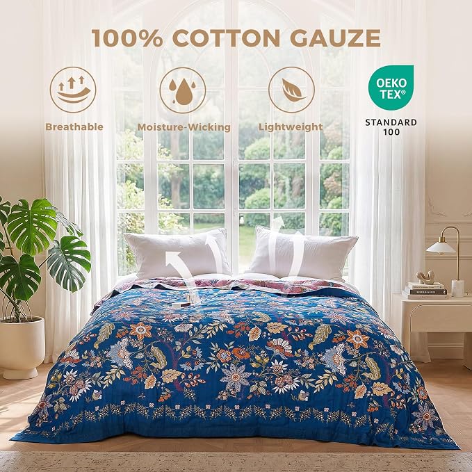 LUTBM Boho Throw Blanket for Couch 50"x60", Cotton Decorative Bed Throw | Blue Reversible Floral Jacquard, All-Season Blankets, For Chair Sofa Living Room Decor, Lightweight Breathable Gauze