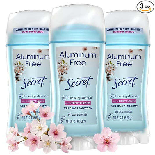 Secret Aluminum Free Deodorant for Women, 48hr Odor Protection, Free of Parabens Dyes Talc & Baking Soda, PH Balancing Minerals, Dry Solid, Cherry Blossom Scent, 2.4 oz (Pack Of 3)
