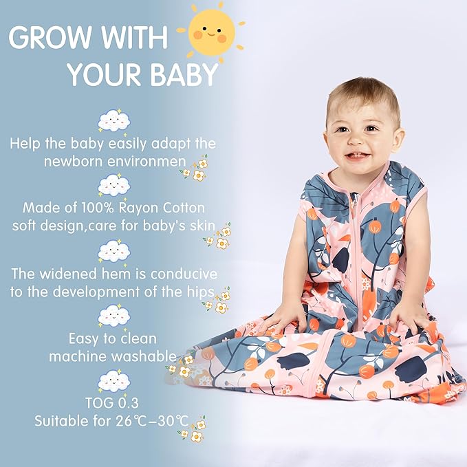 BSTOPPT 3 Pack Baby Sleep Sack 100% Rayon Cotton Baby Sleeping Bag 2-Way Zipper Toddler Wearable Blankets TOG 0.3. (Gerbera&Tulips&Pink, 18-24 Months)