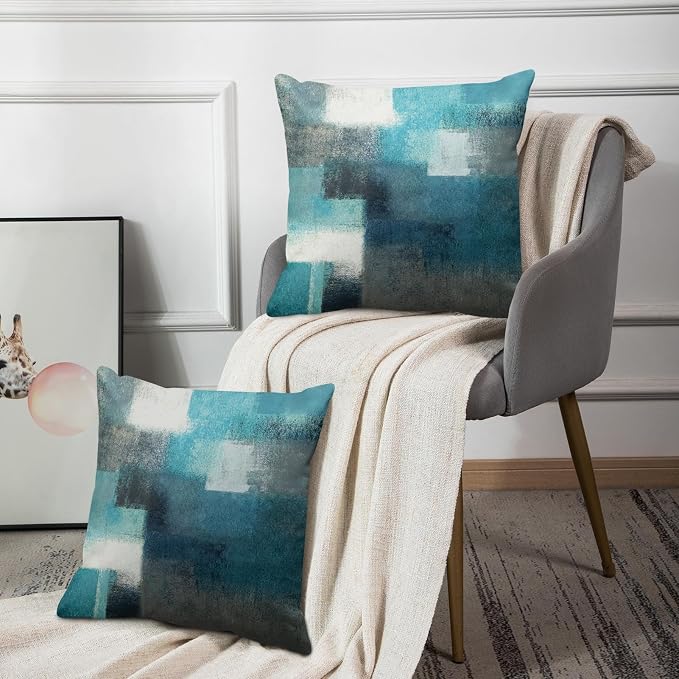 Emvency Throw Pillow Covers Set of 2, 18 x 18 Inch, Turquoise White Gray | Teal Painting Outdoor Decorative Square Pillow Cases Couch Cushion Case for Couch Bed Sofa Living Room Home Decor