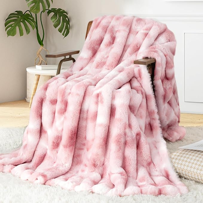 Luxury Faux Rabbit Fur Twin Blanket for Couch, Super Heavy Warm Cozy Throw for Sofa Bedroom Living Room, Ultra Soft Fluffy Reversible Plush Blankets for Home Decor Gifts, Tie-dye Pink