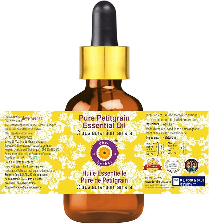 Deve Herbes Pure Petitgrain Essential Oil (Citrus aurantium Amara) with Glass Dropper Steam Distilled 50ml (1.69 oz)