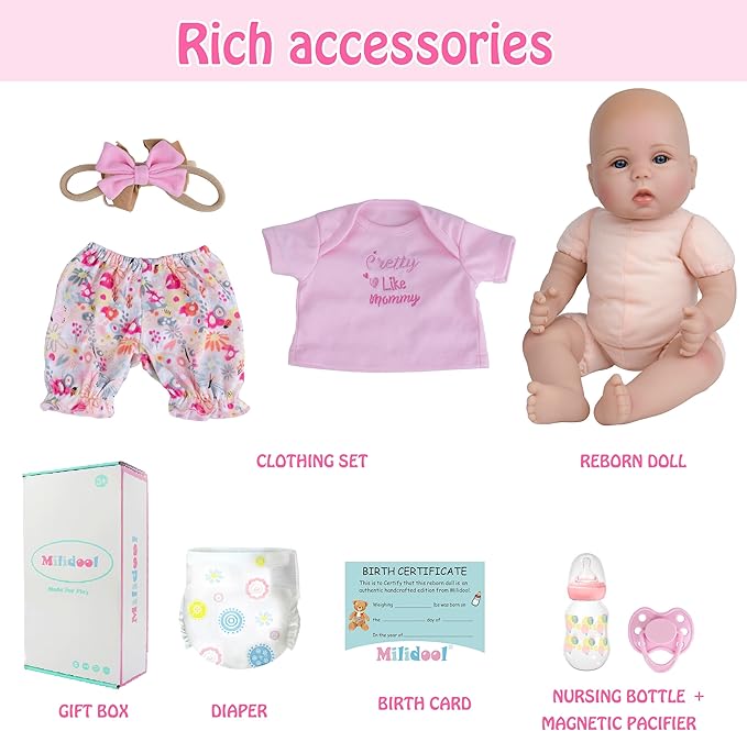 Milidool Lifelike Reborn Baby Dolls Girl - Realistic 18-Inch Newborn Baby Doll, Nice Gift for Kids Age 3+, Parents-to-be, Grandparents,Pink Clothes
