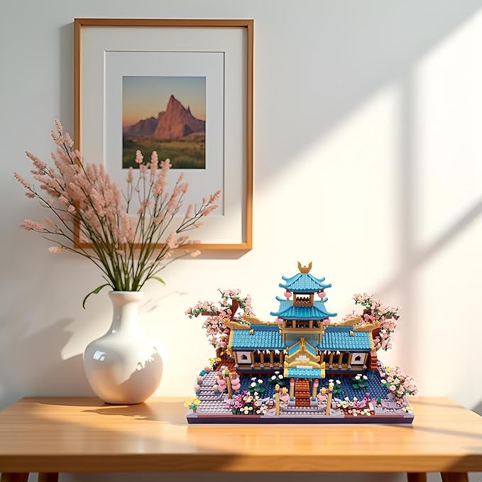 Micro Building Blocks Set，Chinese Suzhou Garden Architecture and Cherry Blossom Bonsai Tree Building Toys for Adults，Japanese Sakura House Model，Creative Mini Bricks Gift for Kids 14+，2350 pcs