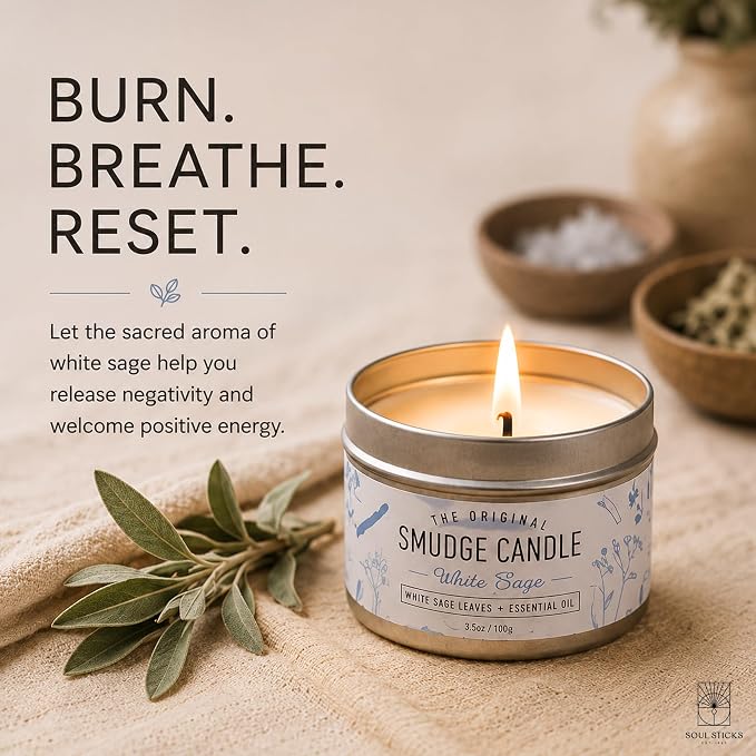 SOUL STICKS Smudge Candle for Cleansing House, Meditation, Chakra Healing, Aromatherapy | 3.5 Ounce Smudge Candle for Spiritual Cleansing (White Sage)