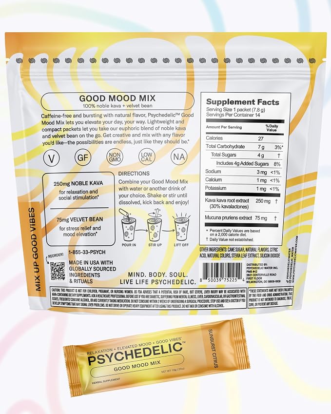 Psychedelic Water Calming Kava Drink Mix - Kava kava Flavored Drink Mix - Easy Open Single-Serving - Flavored Kava - Mucuna Pruriens - Stevia - Adaptogen Mocktails - 14 Sticks - Sunburst Citrus