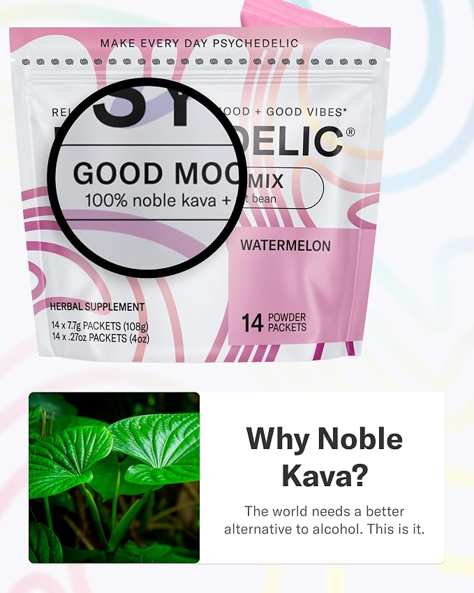 Psychedelic Water Good Mood Mix Watermelon Kava Drink Mix Packets - 250mg Noble Kava Root + Mucuna Pruriens - Vegan, Non-GMO, Gluten-Free - AlcoholFree Relaxation Drink - 14 Servings