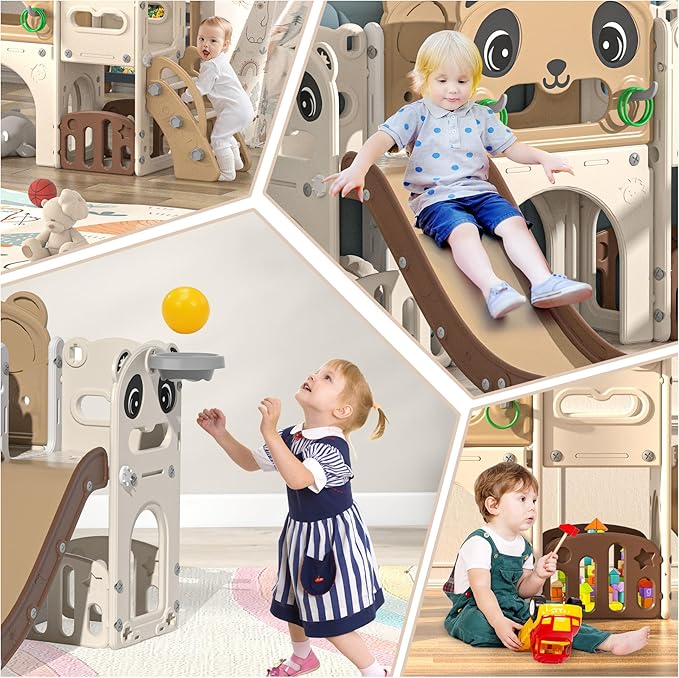 NYEEKOY 9-in-1 Toddler Slide and Climber Set Indoor Outdoor Slide Playset for Kids Age 1-8, Freestanding Backyard Playground with RNG Toss, Basketball Hoop,Telescope, Storage Space