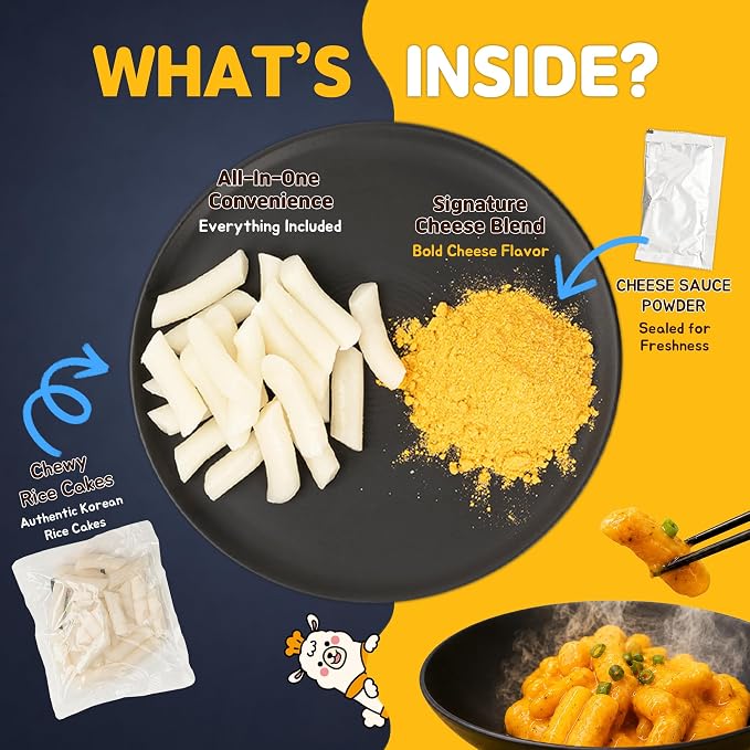 KINIKORA Cheese Instant Rice Cake Cup Snack, Korean Street Food Tteokbokki | Rich cheesy creamy sauce, Topokki style K-food, Chewy texture, Quick 2 min microwave cup meal