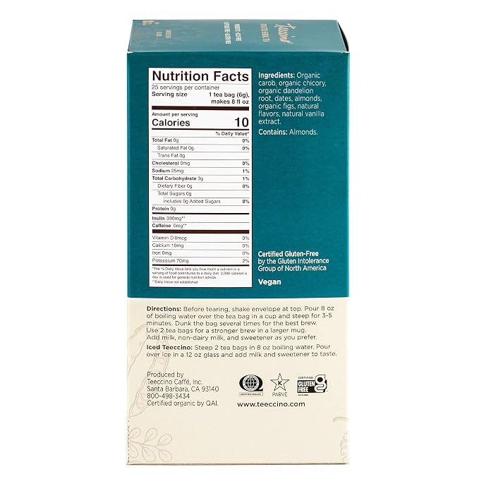 Teeccino Dandelion Herbal Tea - Vanilla Nut - Caffeine Free, Prebiotic, Gluten Free, 3x More Herbs - 25 Tea Bags