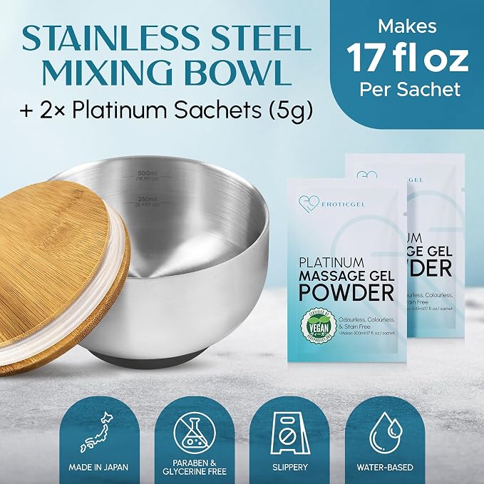 Nuru Massage Gel Powder & Bowl Set | 2 x 5g Platinum Sachets + Stainless Steel Mixing Bowl | Japanese-Made Powder | Vegan | Paraben & Glycerin Free | Makes 33.8 fl oz