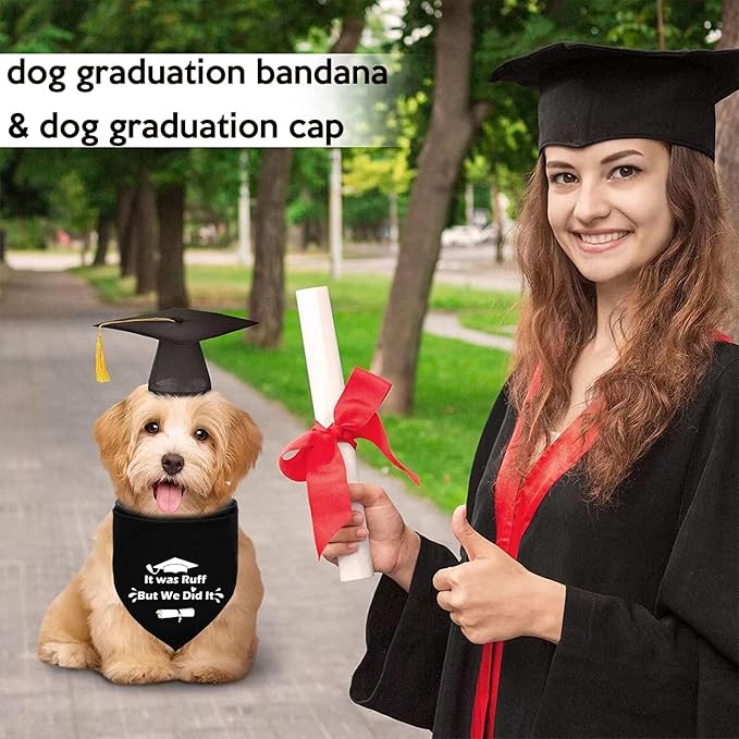 2025 Dog Graduation Cap and Gown with Gold Tassels Dog Graduation Outfits Gifts Graduation Bandana for Small Medium Large Dogs (It was Ruff, but we did it Bandana)