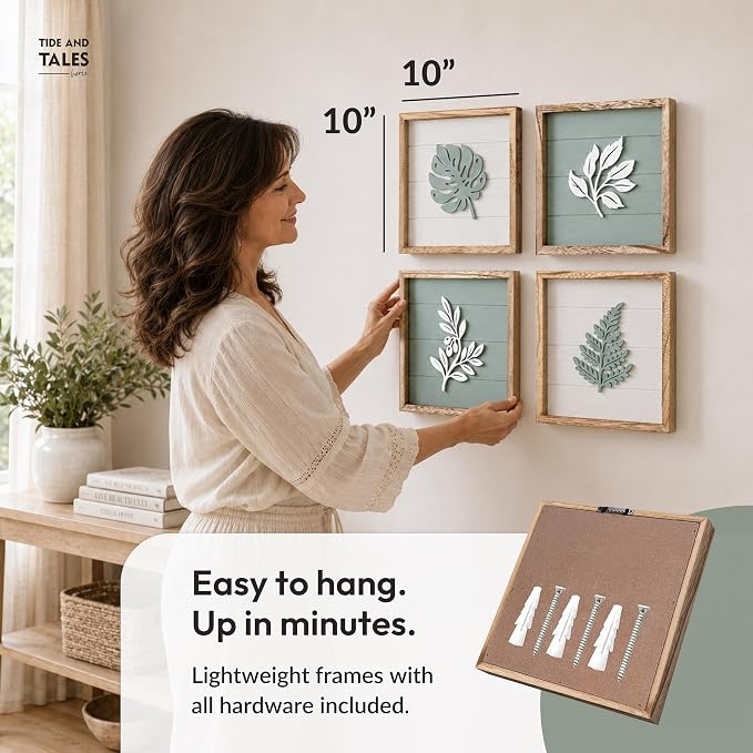 Tide and Tales Leaves of Meaning 3D Sage Green Wall Art (Set of 4) Framed Boho Wall Art for Living Room, Bedroom & Bathroom, House Warming Gifts for New Home, Botanical Farmhouse Home Decor 10"x10"