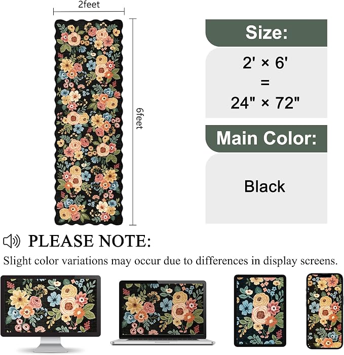 DUKINO 2x6 Runner Rug, Floral Washable Rug for Kitchen Non Slip, Black | Soft, Low Pile, Non-Shedding Long Runner Rugs for Kitchen, Entryway, Bedroom, Bathroom, Pet Friendly, Home Decor, Ultra-Thin