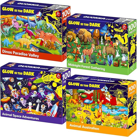 QUOKKA 4x100 Piece Puzzles for Kids Ages 6-8 – Glow-in-The-Dark Puzzles for Kids 8-10 – Space, Dinosaurs, Animals – Fun Educational Puzzle for Boys & Girls – Learning Games & Space Toys Gift for Kid