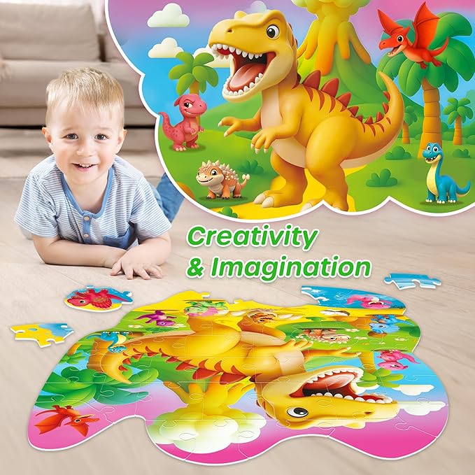 SYNARRY Dinosaur Floor Puzzles for Kids Ages 4-6, Large 45 Piece Floor Puzzles for Kids Ages 3-5, Dinosaur Puzzles for 4-8 Years Old, Easter Basket Stuffers Valentines Day Gifts for Kids
