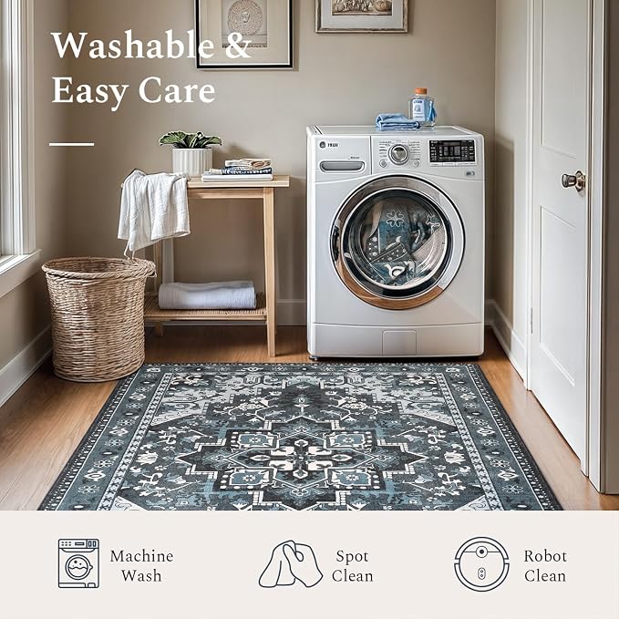 Rugflix 4x6 Area Rugs for Living Room, Washable Dark Navy Blue Rug | Machine Washable; Stain-Resistant; Low Pile; Non-Slip; Vintage Farmhouse; Carpet for Bedroom Dining Office Nursery Home