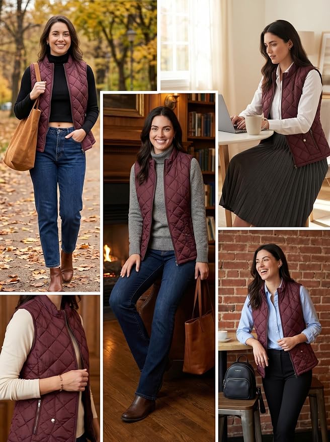Fuinloth Women's Quilted Vest Lightweight Puffer Stand Collar Zip Gilet | 4 pockets with 2 inner storage. Quilted padded warm gilet. Fall winter outerwear layering vest for travel hiking daily wear.