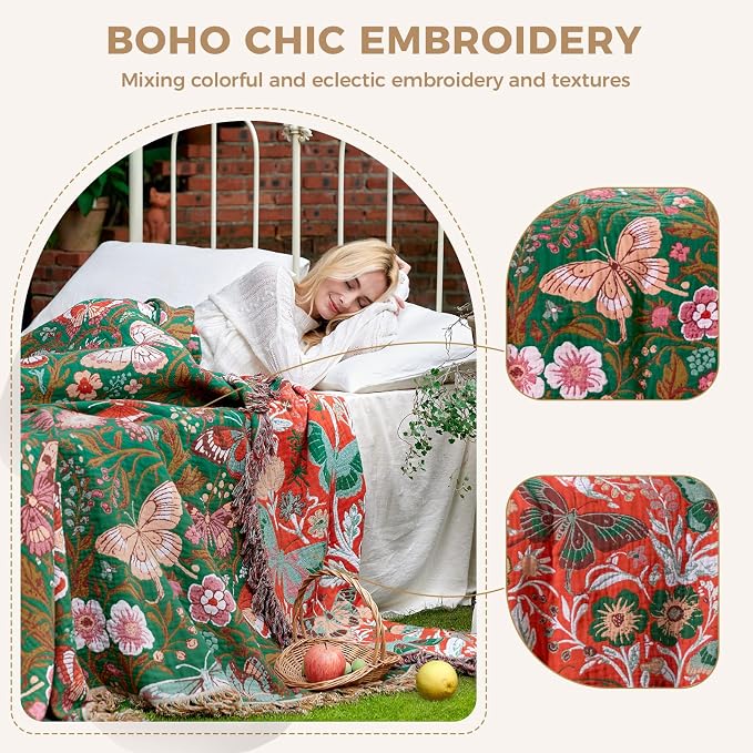 LUTBM Boho Throw Blanket for Couch 50"x60", Cotton Decorative Bed Throws | Green Reversible Floral Butterflies Jacquard, All-Season Lightweight Blankets, For Chair Sofa Bedroom Living Room