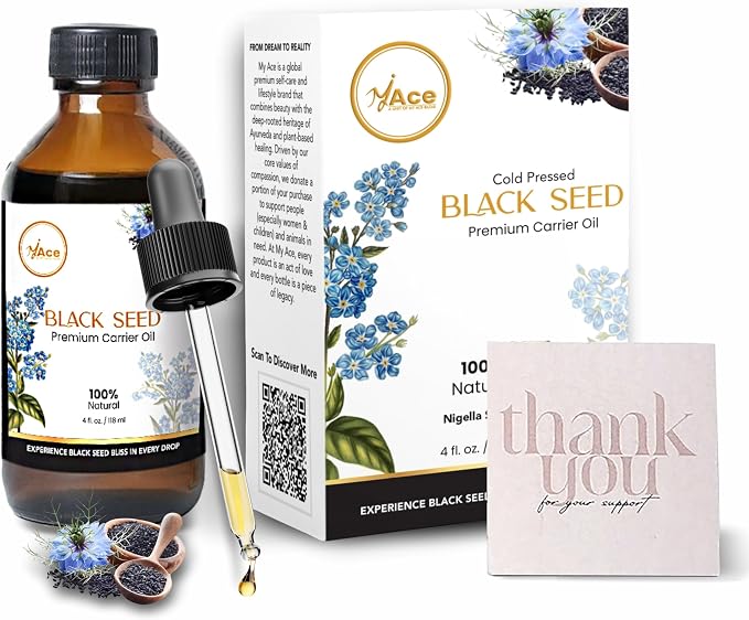 My Ace Black Seed Carrier Oil 4 Fl Oz - 100% Pure & Natural - Premium Grade, Cold Pressed Unrefined for Skin, Face Care, Hair Growth, Facial, Body Massage, Scalp Treatment, Stretch Marks, Aromatherapy