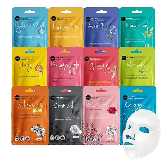 celavi Face Mask Set Korean Beauty Essence Facial Paper Sheet Mask Korea Skin Care Moisturizing 2 Packs of each 12 New flavors K-Beauty Skincare 24 masks in a pack Made in Korea