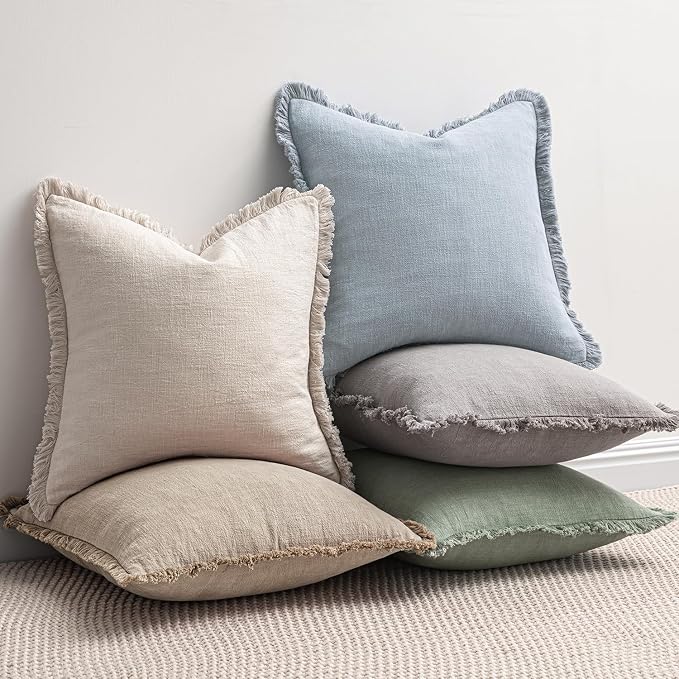 MIULEE Boho Linen Fringe Decorative Throw Pillow Covers Sky Blue 20x20 | Set of 2, Cottagecore Decor, Boho Farmhouse Coastal Pillow Covers, Rustic Couch Cushion Cases for Sofa Bed Living Room