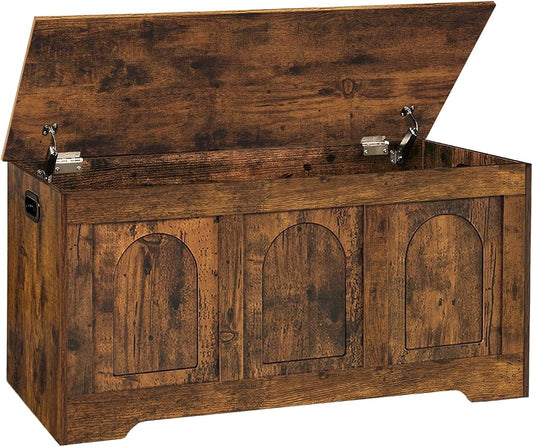Storage Chest, Wooden Toy Box, Rustic Brown 39.4" L | Entryway Shoe Bench, 2 Soft-close Hinges, Finger-safe Flip-Top Lid, Easy Assembly, Farmhouse Large Trunk, Living Room/Bedroom