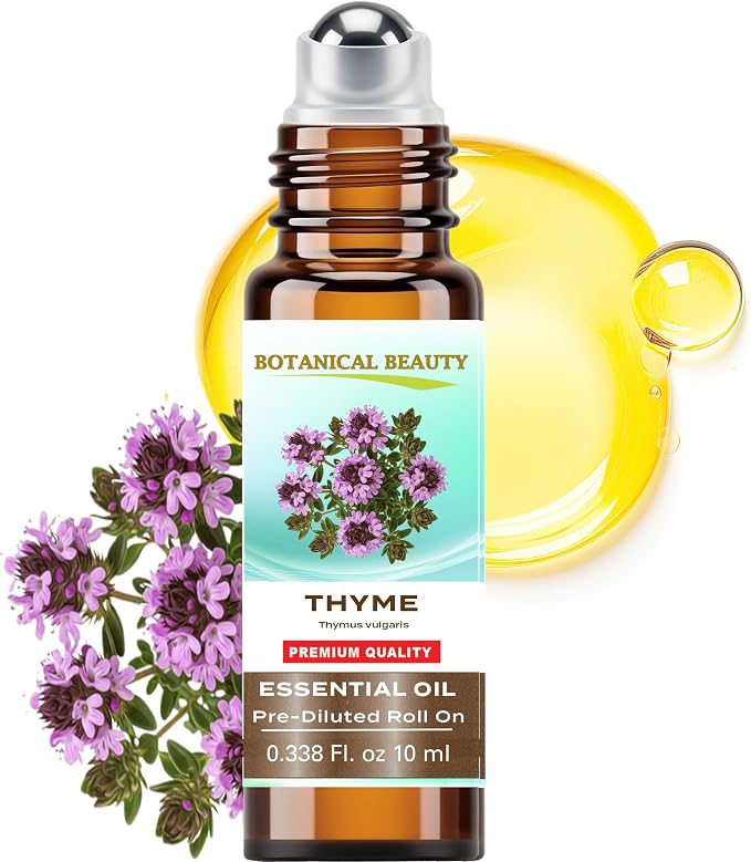Botanical Beauty THYME ESSENTIAL OIL Roll On 0.33 Fl Oz 10 ml for Support Hair Growth & Health, Eyebrow Beard Growth in 100% Pure Organic MCT Coconut Oil. for Skin, Hair, Aromatherapy, Travel.