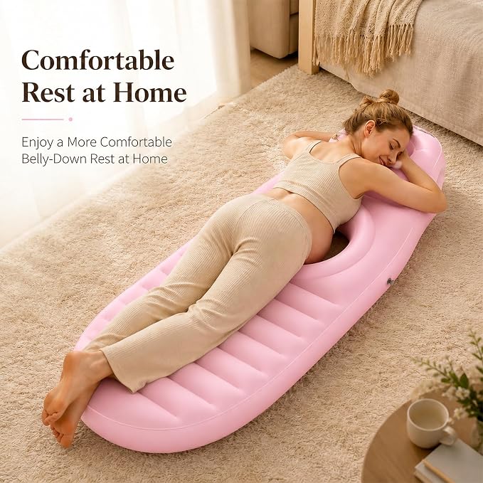 Inflatable Pregnancy Pillow, Full Body Ergonomic Maternity Air Bed with Belly Space for Prone Comfort & Better Sleep, Back & Hip Relief, Ideal for Bedroom, Living Room, Pool, Massage & Spa (Pink)