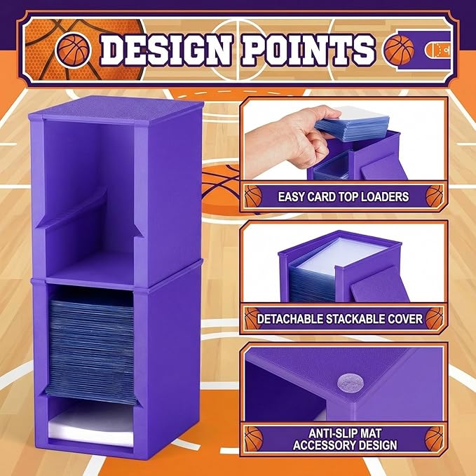 Toploader Dispenser & Penny Sleeve Holder - Dual Compartment Holds 250 Penny Sleeves & up to 50 Top Loaders, Stackable Card Storage Box with Dustproof Lid (Purple)