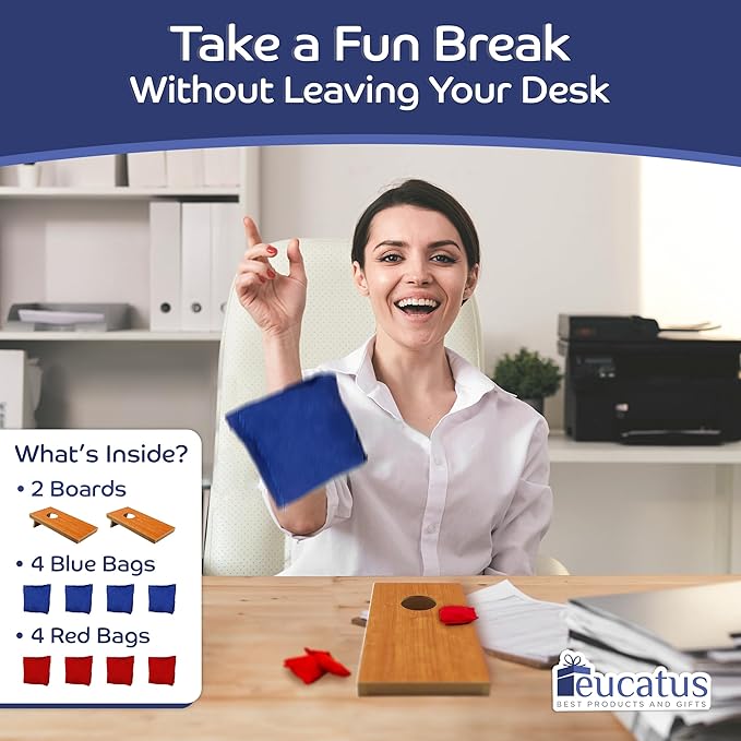 Super Fun, Portable Mini Desktop Cornhole Set of 2. Coated Wood Boards with 4 Red 4 Blue Bags. Gift for Students, Office Employees or Work From Home. Simple Easy Tabletop Game for Groups or Solo!