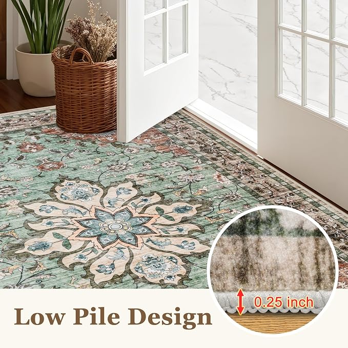Round Area Rug for Living Room: 6ft Washable Vintage Boho Soft Thin Circle Rug Indoor Floor No Slip Stain Resistant Carpet for Bedroom Dining Room Farmhouse Nursery Home Office - Brown Green