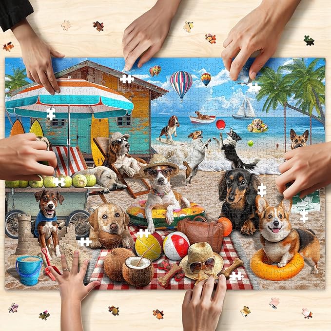 1000 Piece Jigsaw Puzzle for Adults - Dog Days at The Beach, Vacation Scene with Coconut Hut, Hot Air Balloons, and Playful Details, Fun and Challenging Jigsaw by Naturelish, 26.65 x 19.25 in