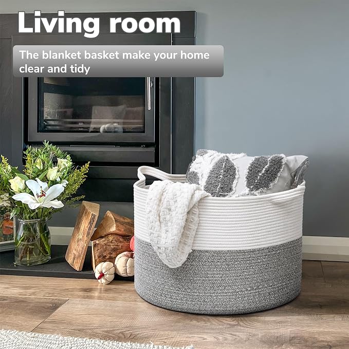 Goodpick Woven Blanket Basket Living Room, Toy Bin for Playroom, 85L | 21.7 x 21.7 x 13.8 In Toy Storage Basket for Nursery, Blanket Basket for Living room, Laundry Basket, Light & Grey