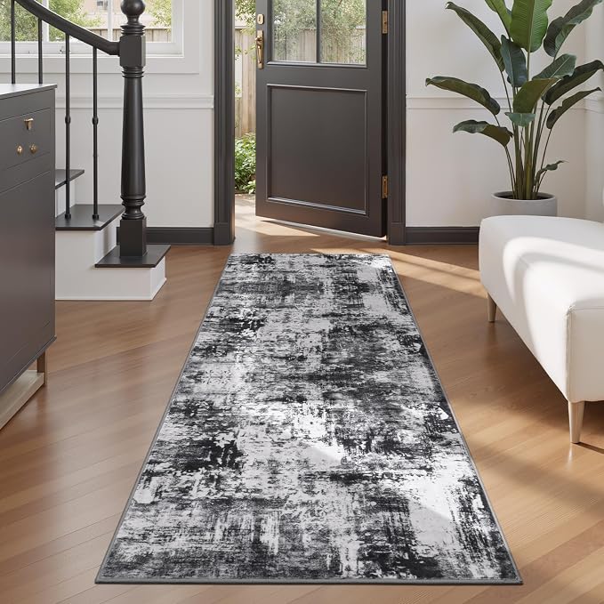 Rugflix 2x6 Runner Rug for Entryway, Washable Black Grey Runners | Machine Washable; Stain-Resistant; Low Pile; Non-Slip; Modern Abstract; Carpet for Entryway Kitchen Hallway Home
