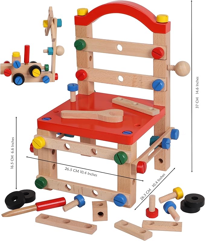 Wooden Nuts and Bolts Set - Construction Work Bench Chair - Wooden Construction Kits for Kids - Compatible with TOWO Nuts Bolts Set