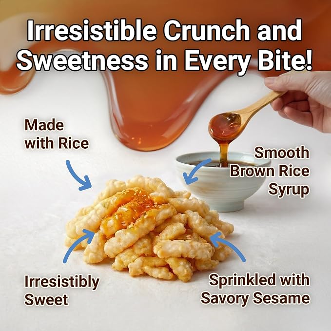 Nongshim Ugua Rice Crisps, Sweet Korean Snacks, Rice Crackers, 1 Pack | Korean rice snack with brown rice syrup glaze, crisp puffed texture, light honeyed sweetness