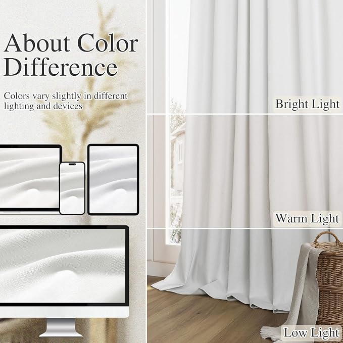 Guken White 100% Blackout Linen Curtains 60 Inch Wide by 84 Inch for Living Room Bedroom Back Tab Thermal Insulated Black Out 1 Drapes Room Darkening Window Curtains,1 Panel