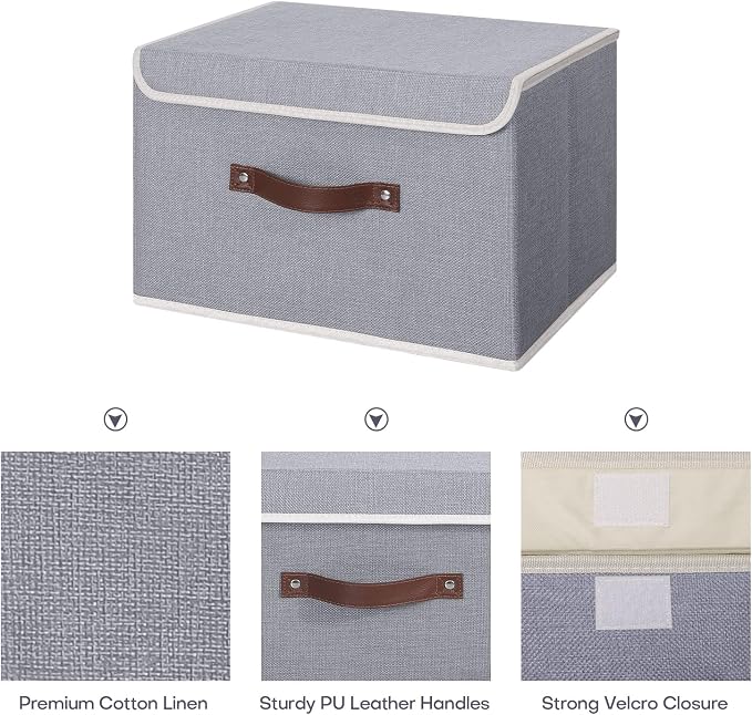 ANMINY Fabric Storage Box Bins with Lids, Gray, 13"x9"x7.9", 4 Pack | Keepsake Memory Storage, Cotton Linen, PP Board Reinforced, Washable, PU Handles, Foldable & Stackable, Decorative, Medium