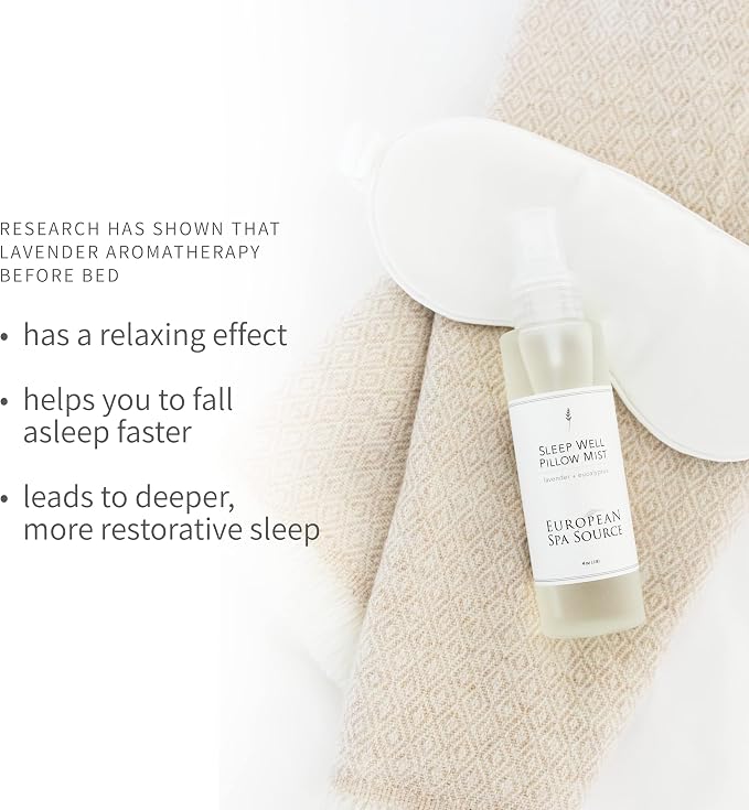 European Spa Source Sleep Well Eucalyptus + Lavender Pillow Mist Spray for Aromatherapy, At Home Spa Experience, Tension Relief, Sleep Support, and Relaxation, 4 fl oz.