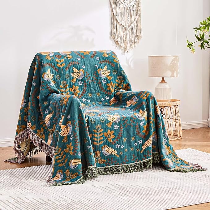 XIBLC Boho Throw Blanket, 100% Cotton Ultra Soft Luxury Throw Rustic Quilt, 50"x60" Floral Printed Farmhouse Decor Bed Summer Blankets, All Season Reversible Bohemian Throw for Bed