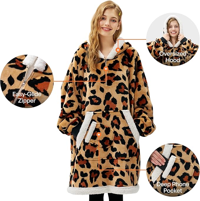 Giggling Getup Wearable Blanket Hoodie for Adults Gifts for Teen Girls Sister Women Sherpa Fleece Printed Hooded Blanket Sweatshirt Warm Cozy with Pocket & Sleeves Brown Leopard