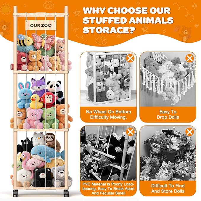 Stuffed Animal Storage: Wood Stuffed Animal Zoo, Stuffed Animal Holder with Mesh Net, Plush Toy Organizer Tube with Brake Wheels, Space Save Stuffed Animal Cage for Kids Room Playroom Nursery Bedroom