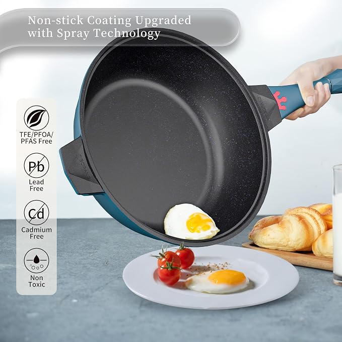 TIBORANG 11 Inch Nonstick Frying Pan with Lid,8-in-1 Multipurpose Cookware | 5 Qt Deep Sauté Pan Skillet with Steamer, PFOA-Free, Dishwasher & Oven Safe, Induction Compatible, Stay-Cool Handle,Dark Teal