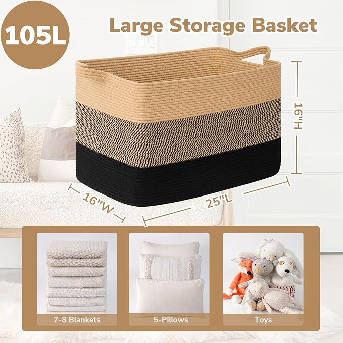 Goodpick 105L Extra Large Woven Rope Blanket Basket, Rectangle, Black Jute | 25'' x 16'' x 16'' Storage Basket for Blankets, Pillows & Toys, Living Room & Bedroom Organization, Reinforced Handles
