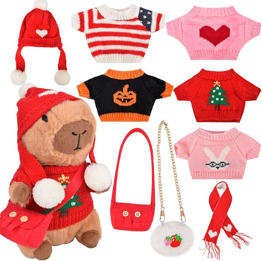 Capybara Plush Toy with 9 Clothes & Accessories, 10.2" Holiday Capybara Stuffed Animal, Dress Up Capibaras Peluches, Cute Super Soft Funny Capybara Pillow Stuffies Birthday Gifts for Kids Boys Girls